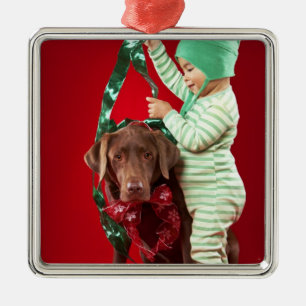 Pys som dekorerar en hund julgransprydnad metall