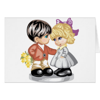 Pysen som ger en liten flicka, blommar hälsningskort