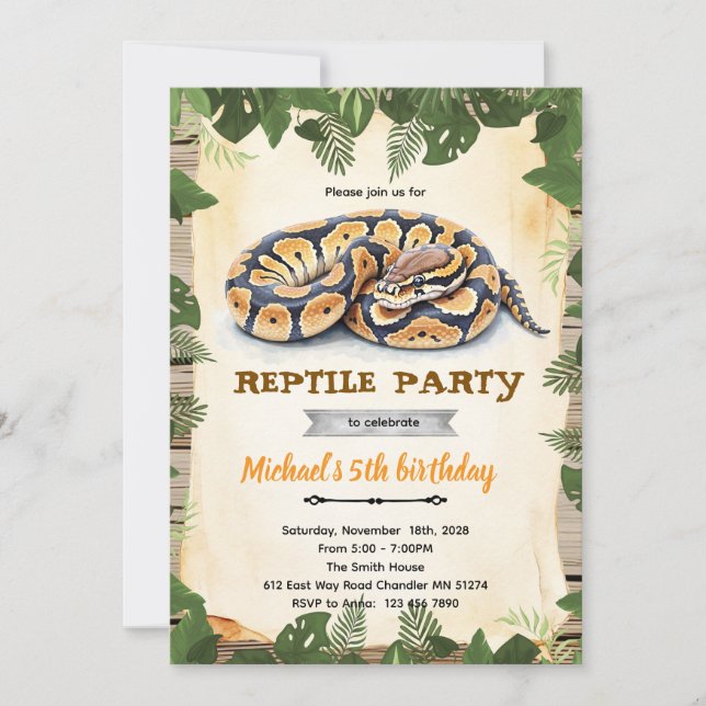 Python reptile birthday party invitation inbjudningar (Framsida)