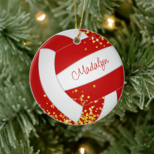 pyttelilla guld-stjärnor, röda volleyball-minnesår julgransprydnad keramik