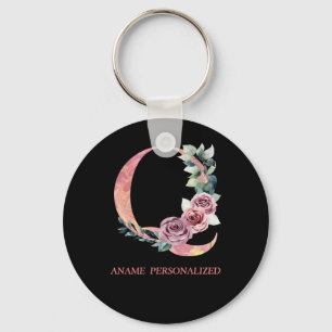 Q Blommigt Monogram Namn Brev Rosa Agate Keychain Nyckelring