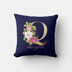 Q Brev Guld Monogram Rosa White Magenta Blommigt Kudde