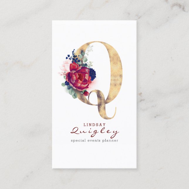 Q Monogram Burgundy Guld och marinblå Blommigt Visitkort (Framsida)