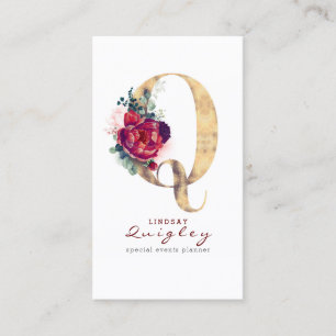 Q Monogram Burgundy Red Flowers och Guld Glitter Visitkort