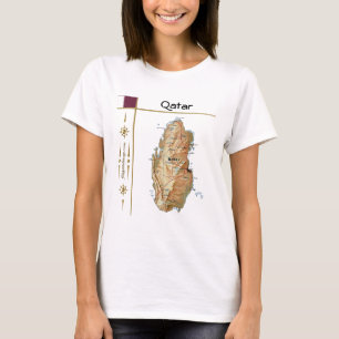 Qatar Karta + Flagga + Rubrik T-Shirt
