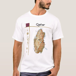 Qatar Karta + Flagga + Rubrik T-Shirt