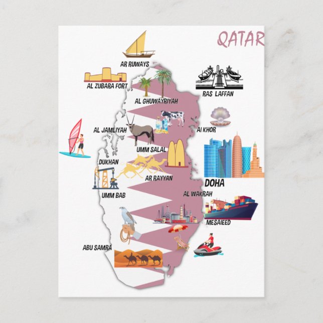 Qatar Karta Landmarks Turistland attraktion Vykort (Framsida)