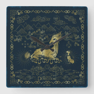 Qilin vid Rest Golden Tapestry Fyrkantig Klocka