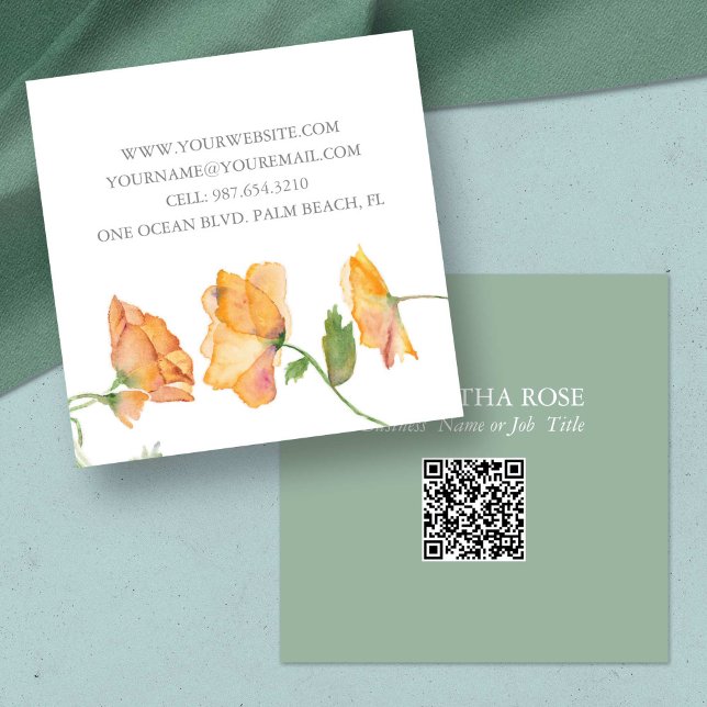 QR-Affärskort - Blommigt för vattenfärg Fyrkantigt Visitkort (unique business cards botanical QR code watercolor orange poppies flowers)