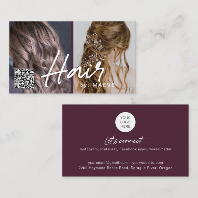 QR-affärskort för snyggt av hår med foton Visitkort (Fram/baksida)