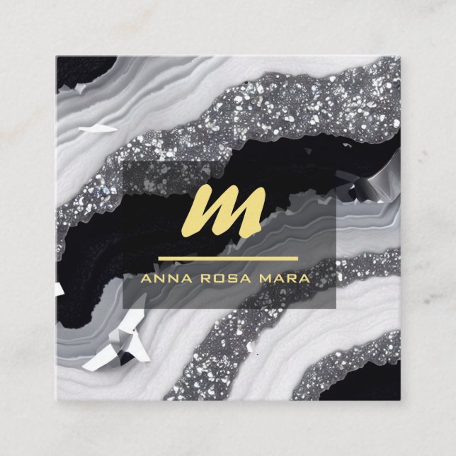 *~* QR Agate Black White Guld Glitter Initial AP66 Fyrkantigt Visitkort (Framsida)