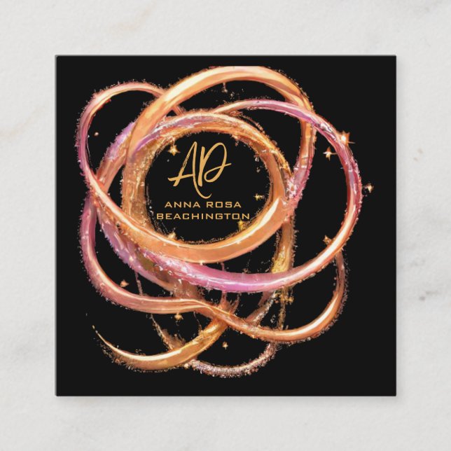 *~* QR AP65 Guld Ringar Black Glitter Fyrkantigt Visitkort (Framsida)