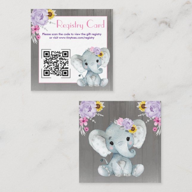 QR Baby Elephant Registry Lila Rosa Gult Tilläggskort (Fram/baksida)