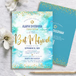 QR Bat mitzvah turkos Gold Foil Watercolor Inbjudningar<br><div class="desc">Var stolt, gladd och visa den här milstolpen av din favoritBat mitzvah! Skicka ut den här fantastiska, moderna QR-kodsinbjudan för personlig för en händelse att komma ihåg. Sparkly faux guld-folie, glitter-punkter, David-stjärnan och handskrivet manustypografi täcker över en turkosa blå vattenfärgsbakgrund. På baksidan finns ytterligare punkter i guld glitter, din dotters...</div>