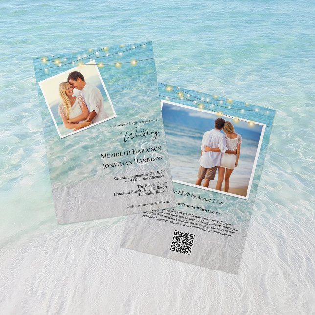 QR Beach Photo String Ljus allt i ett Bröllop Inbjudningar (Front and back - features your QR code, wedding website, and any other wedding detail info.)