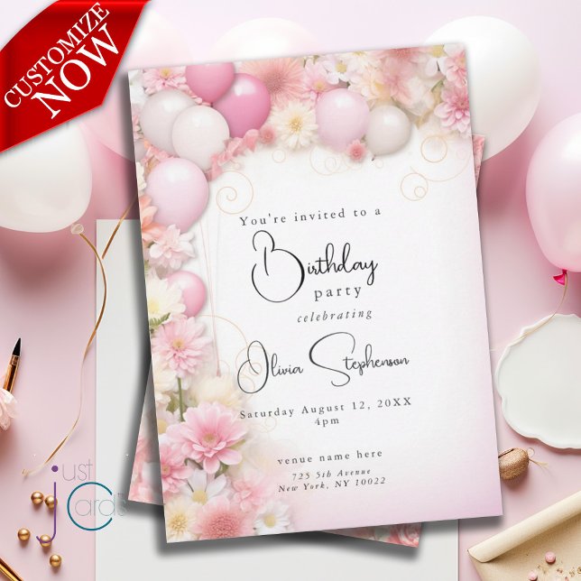 QR Birthday Rosa Balloons and Daisys Inbjudningar (Text is easy to customize )