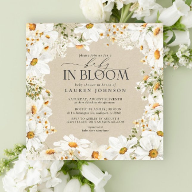 QR Blommigt Daisy Baby i Bloom Rustic Shower Inbjudningar (Baby Shower Invitation)