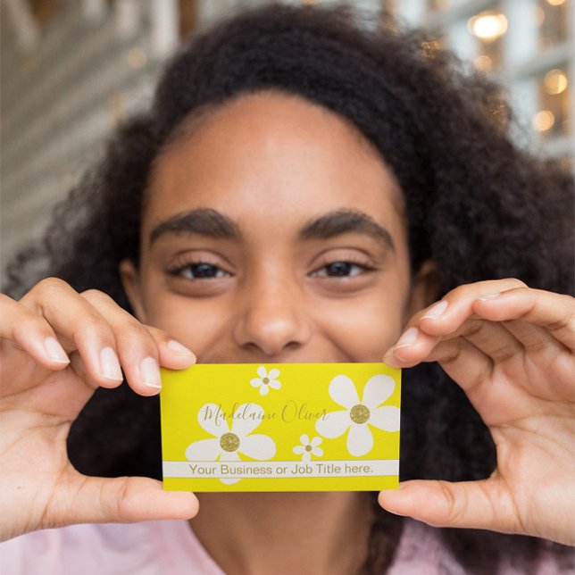 QR Blommigt Gult Large White Guld Professionell Visitkort (Skapare uppladdad)