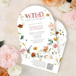 QR Blommigt Rosa Vild och anbud 1:a födelsedag Inbjudningar