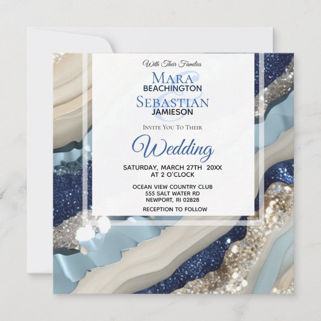 *~* QR BLUE IVORY SILVER Agate OSA AR66 Bröllop Inbjudningar (Framsida)