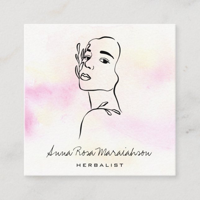 *~* QR Botanical Woman Line Art Goddes Greenery Fyrkantigt Visitkort (Framsida)