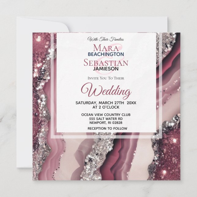 *~* QR BURGUNDY ROSA Agate OSA AR66 Bröllop Inbjudningar (Framsida)