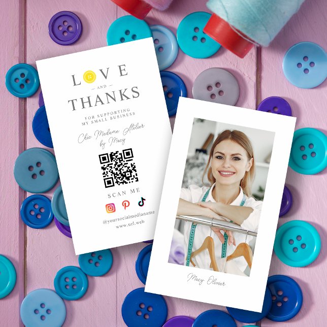QR Chic Yellow Button Love & Thanks Photo Support Visitkort (QR Chic Yellow Button Love & Thanks Photo Supporting Small Business Card.)