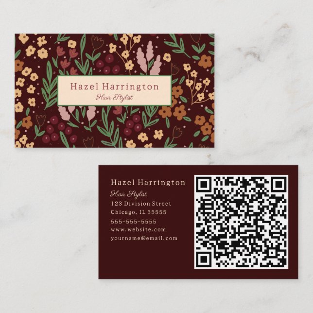 QR Code Affärskort Blommigt Hand plockade Burgandy Visitkort (Fram/baksida)