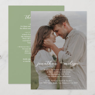 QR Code All in One Sage Green Photo Script Wedding Inbjudningar