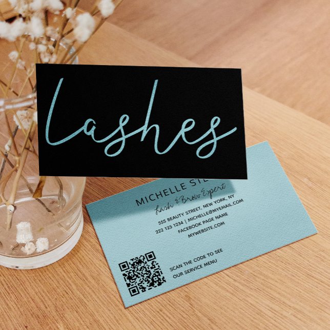 QR CODE aqua blue Black lash technician typography Visitkort (Skapare uppladdad)