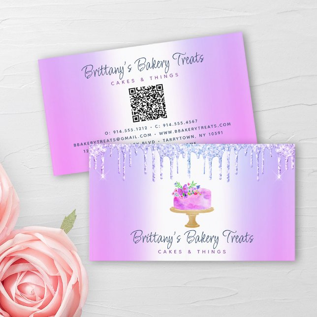 QR Code Bakery Lila Cake Glitter Drives Dessert Visitkort (Skapare uppladdad)