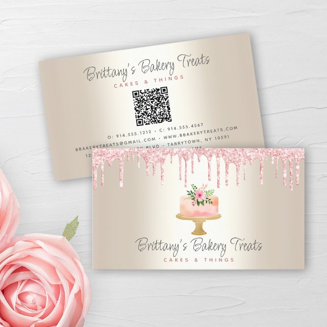 QR Code Bakery  Rosa Cake Glitter Drives Guld Visitkort (Skapare uppladdad)