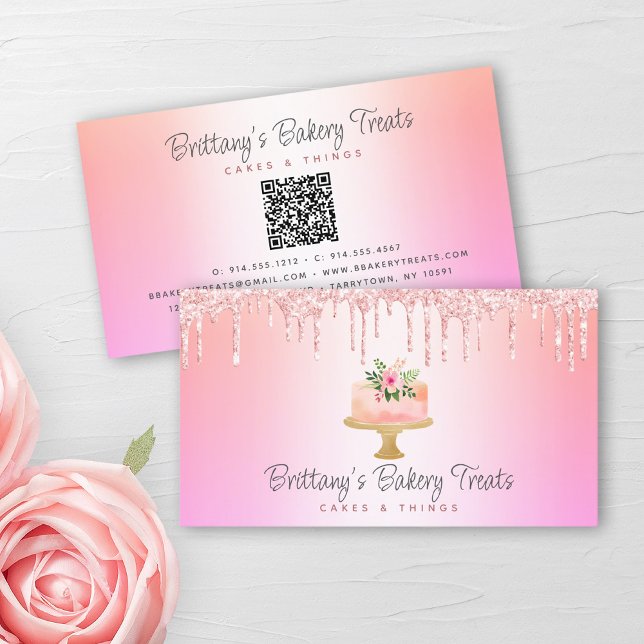 QR Code Bakery Rosa Cake Glitter Rainbow Ombre Omb Visitkort (Skapare uppladdad)