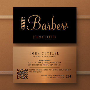 QR CODE barbershop Black guld barber pole scisses Visitkort