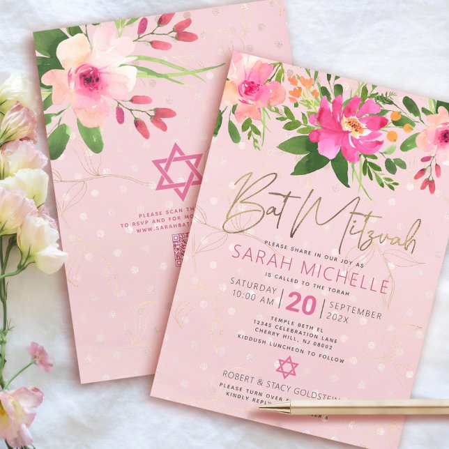 QR Code Bat mitzvah Rosa Blommigt Gold Foil-skript Inbjudningar (Skapare uppladdad)
