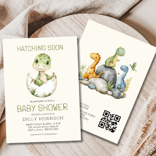 QR Code Beige Dinosaur Hatching Soon Baby Shower Inbjudningar