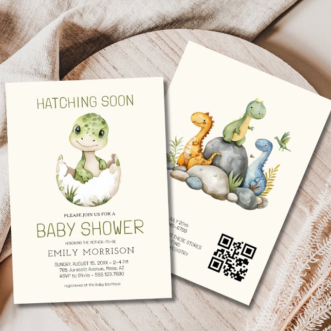 QR Code Beige Dinosaur Hatching Soon Baby Shower Inbjudningar (Skapare uppladdad)