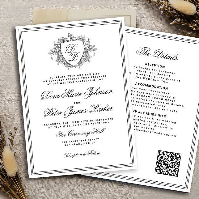 QR code black and white crest monogram wedding Inbjudningar (Skapare uppladdad)