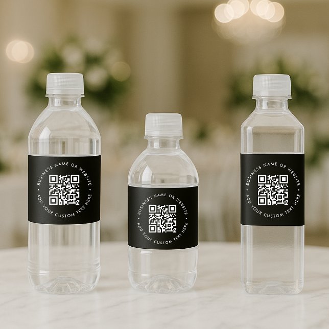 QR Code Black Business Modern Snyggt-marknadsförin Vattenflaskor Etikett (Interactive editable QR code water bottle label wrap to promote your business, products or services.)