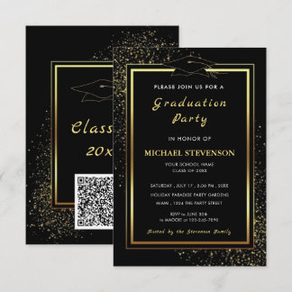 QR Code Black Gold Glitter Graduation Invitations Inbjudningar