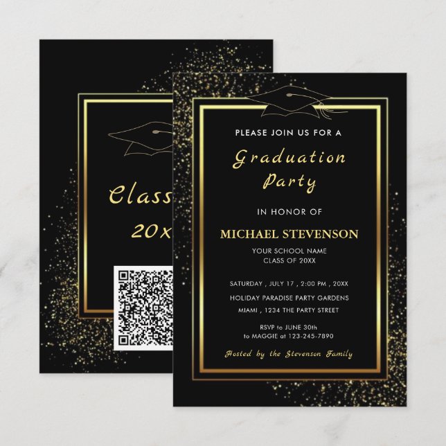 QR Code Black Gold Glitter Graduation Invitations Inbjudningar (Fram/baksida)