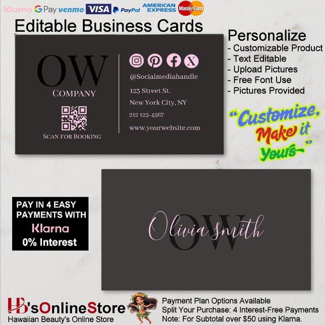 QR Code Black Pink Elegant Initial Social Media Visitkort (QR Code Black Pink Elegant Initial Social Media Business Card.)