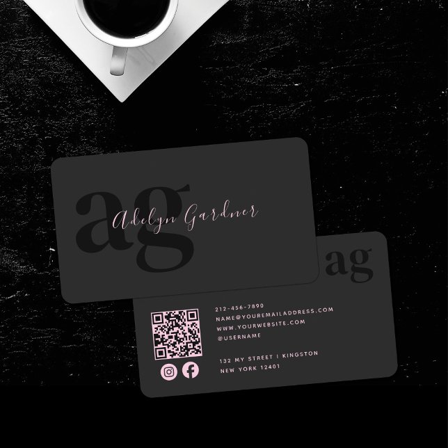 QR Code Black Rosa Monogram Script Social Media Visitkort (Skapare uppladdad)