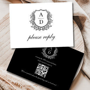 QR Code Black White Vapensköld Monogram Bröllop OSA Kort