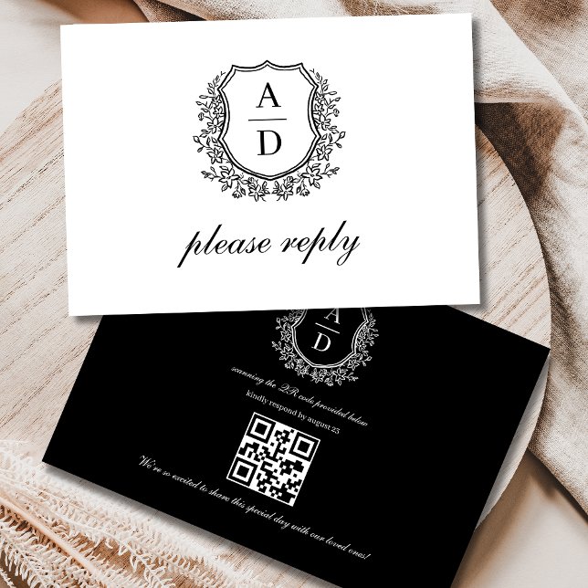 QR Code Black White Vapensköld Monogram Bröllop OSA Kort (Skapare uppladdad)