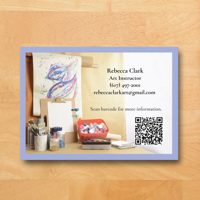 QR Code Blue Art Teacher Tutor Art Class  Visitkort (Blue Art Classroom Business Card for Teacher )