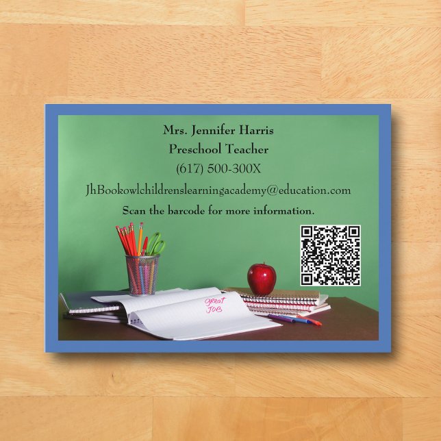 QR Code Blue Grade School Preschool Teacher  Visitkort (Blue Business Card for Teacher)