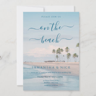 QR Code Blue Ocean Palm Tree Beach Wedding Inbjudningar
