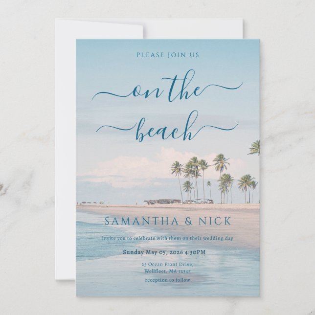 QR Code Blue Ocean Palm Tree Beach Wedding Inbjudningar (Framsida)