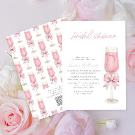 QR Code Blush Pink Bow Champagne Bridal Shower Inbjudningar